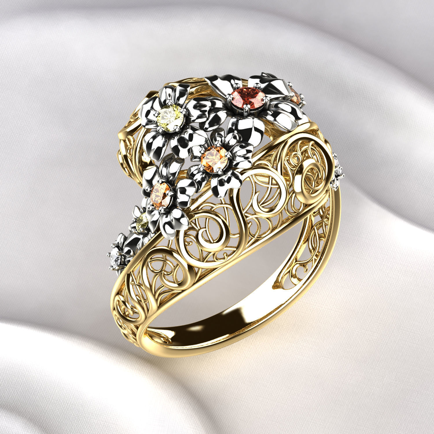Flowers Gold Ring with Sapphires 3D print model_3