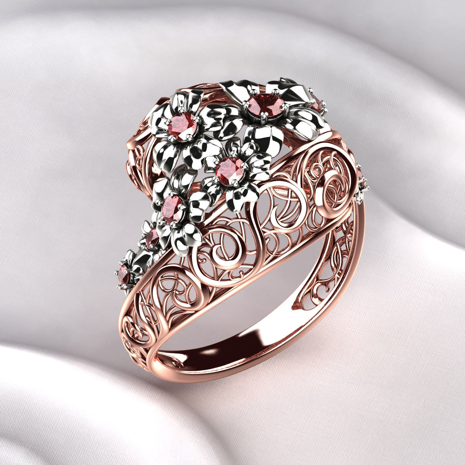 Flowers Gold Ring with Sapphires 3D print model_2