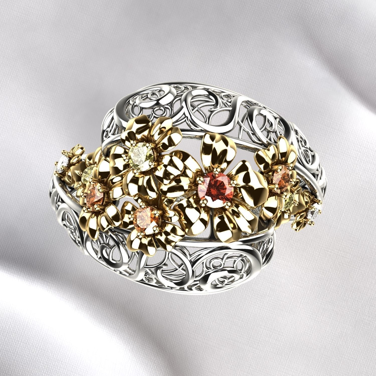 Flowers Gold Ring with Sapphires 3D print model_5