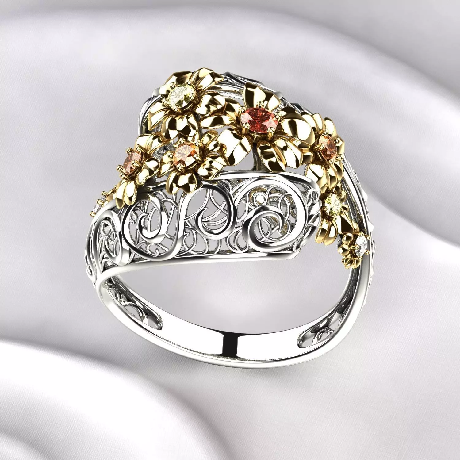 Flowers Gold Ring with Sapphires 3D print model_0