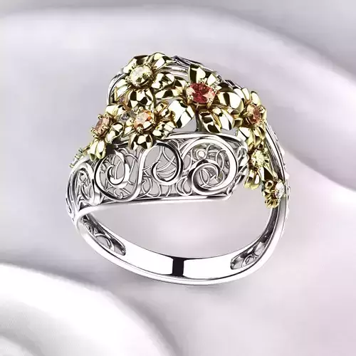 Flowers Gold Ring with Sapphires 3D print model