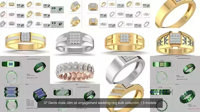 37 Gents male 3dm stl engagement wedding ring bulk collection 