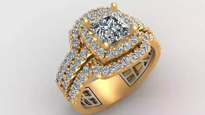 3 Row Halo Engagement Diamond Princess Gold Ring