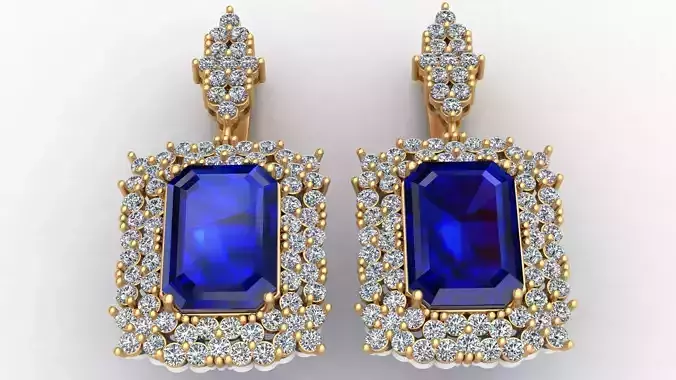 Rectangle Sapphire Diamond Gold Earring
