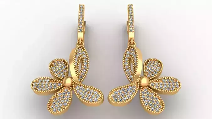 Flower Butterfly Style Diamond Gold Earring 3D print model