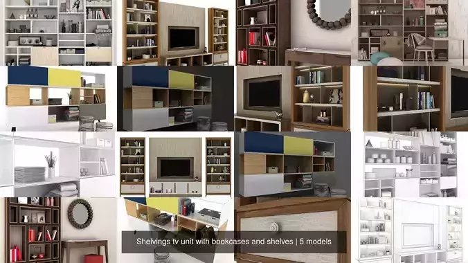 Shelvings tv unit with bookcases and shelves 3D Model Collection