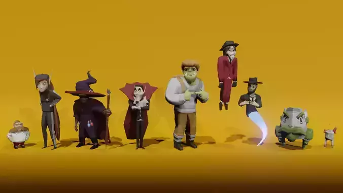 LOWPOLY WIZARD witch with hat and stick Low-poly 3D model