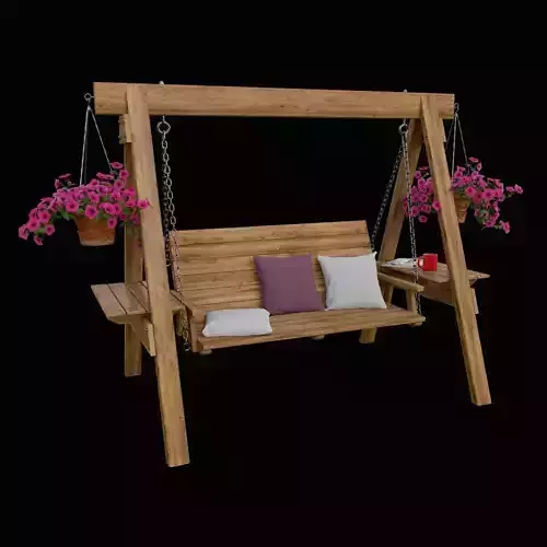 Swings wooden swing with flowers and potted plants