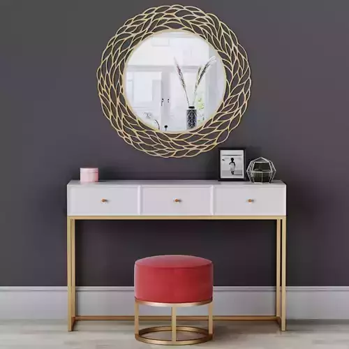 Dressing table with mirror and ottoman
