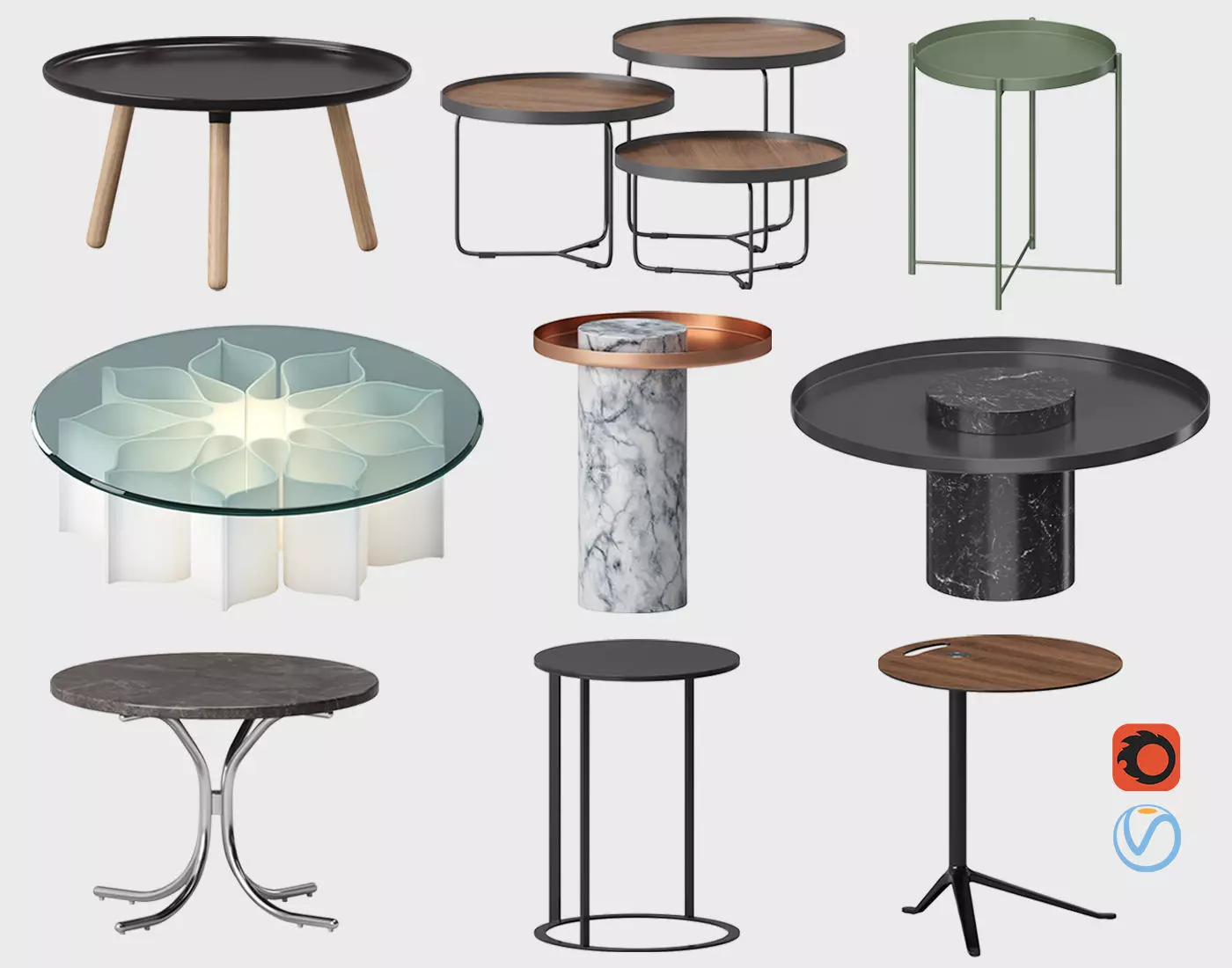 Table Set marble with metal legs 3D model_0
