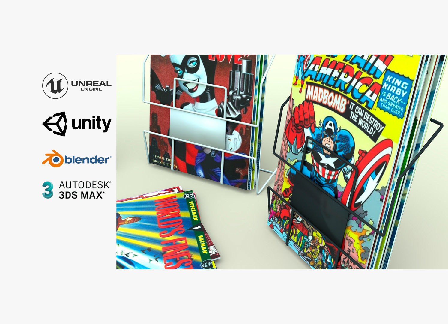 Comic Book Metal Wire Rack Low-poly 3D model_1