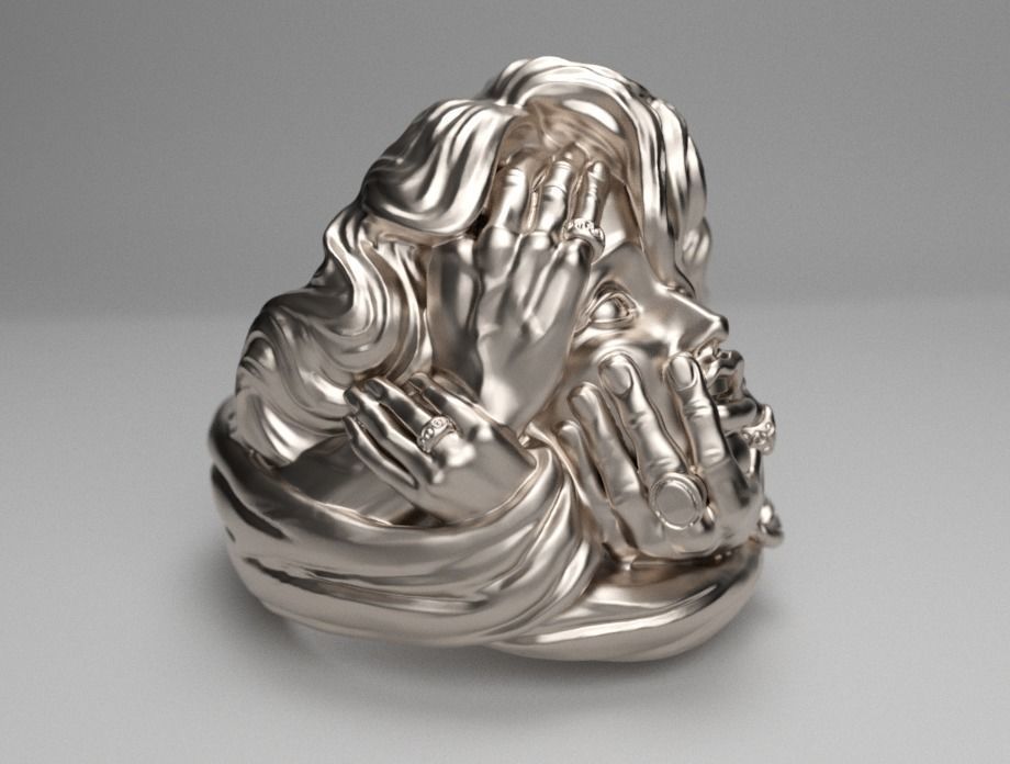 rings silver sculpture with two hands 3D print model_3