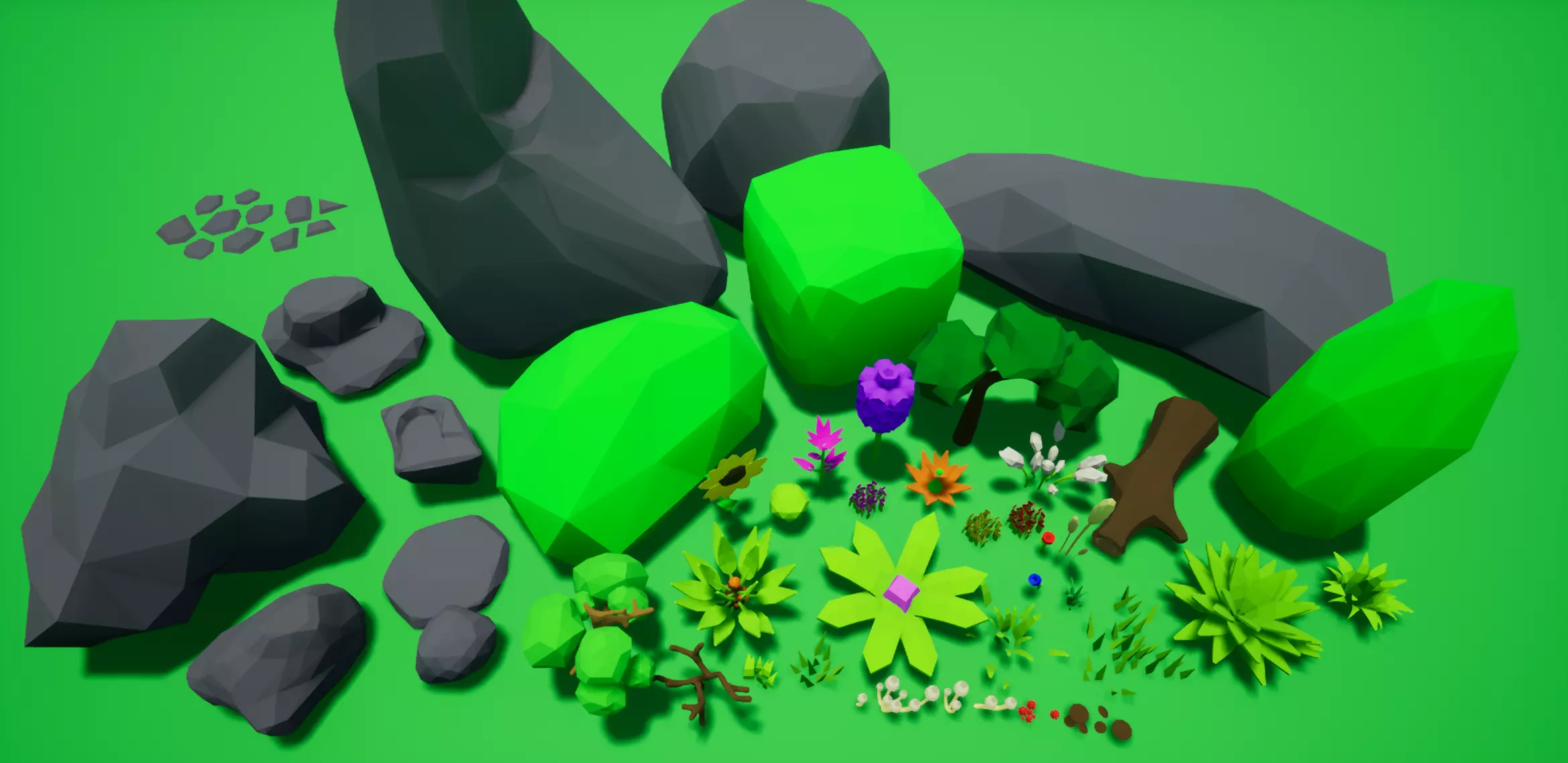 Low Poly Shrubs and Rocks Set 1 Low-poly 3D model_0