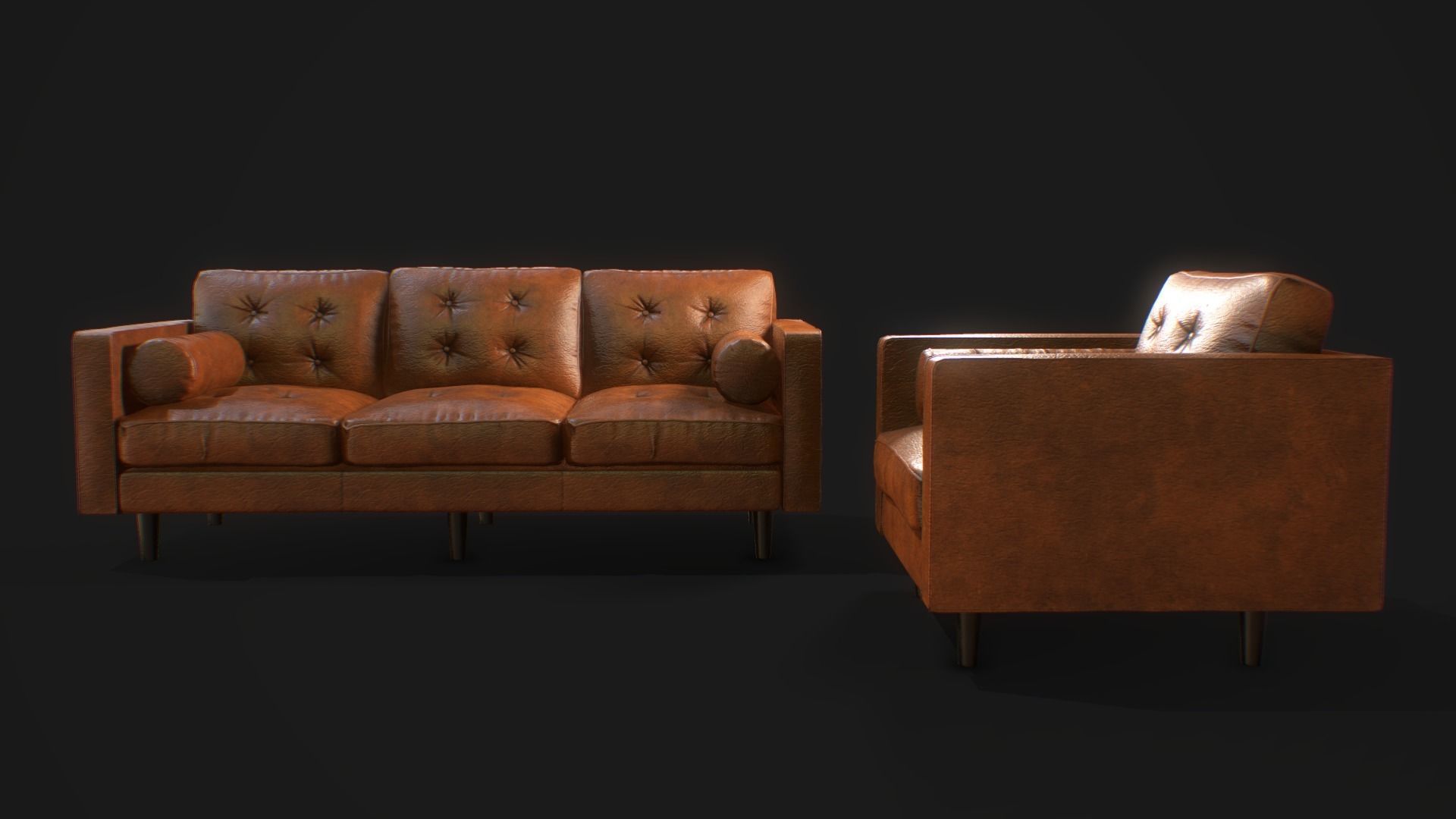 Armchair Set PBR game ready leather sofa Low-poly 3D model_3