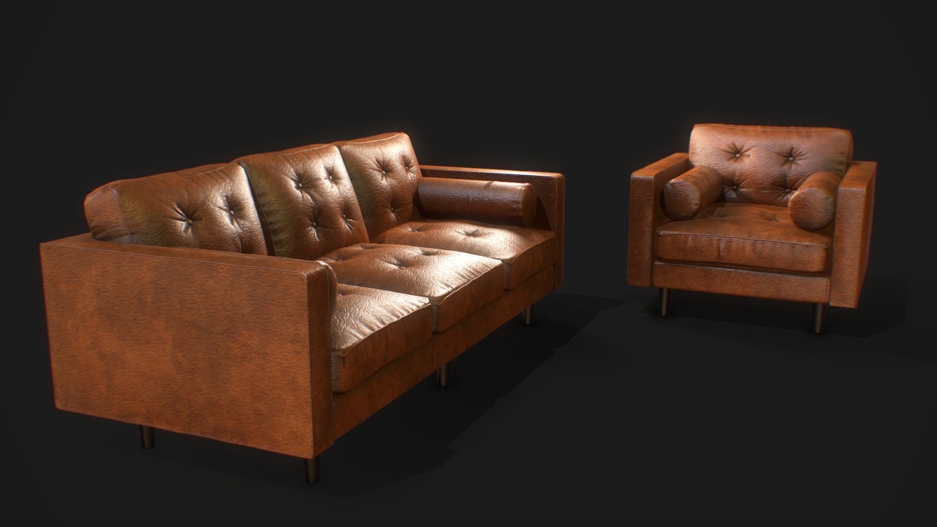 Armchair Set PBR game ready leather sofa Low-poly 3D model_15