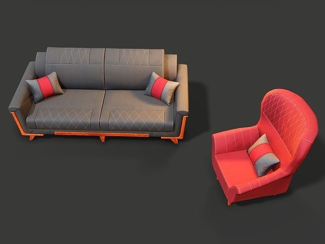 ArmChairSet4 PBR Game Ready sofa Low-poly 3D model 6