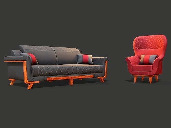 ArmChairSet4 PBR Game Ready sofa Low-poly 3D model 4