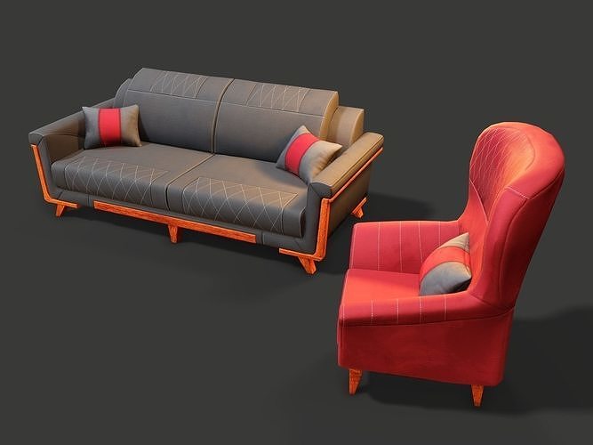 ArmChairSet4 PBR Game Ready sofa Low-poly 3D model 2