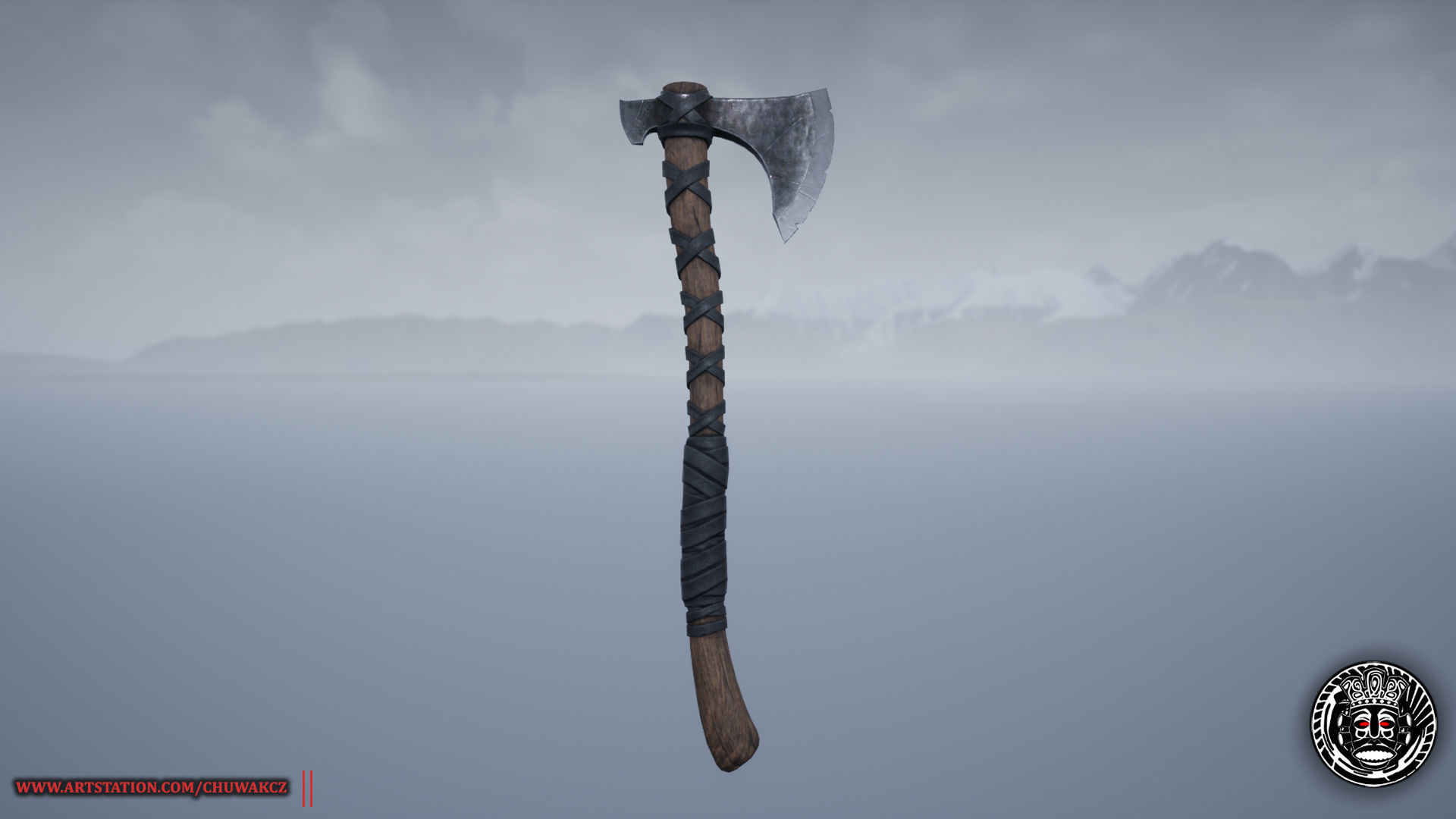 Viking Medieval Curved War Axe - Game ready weapon Low-poly 3D model_6