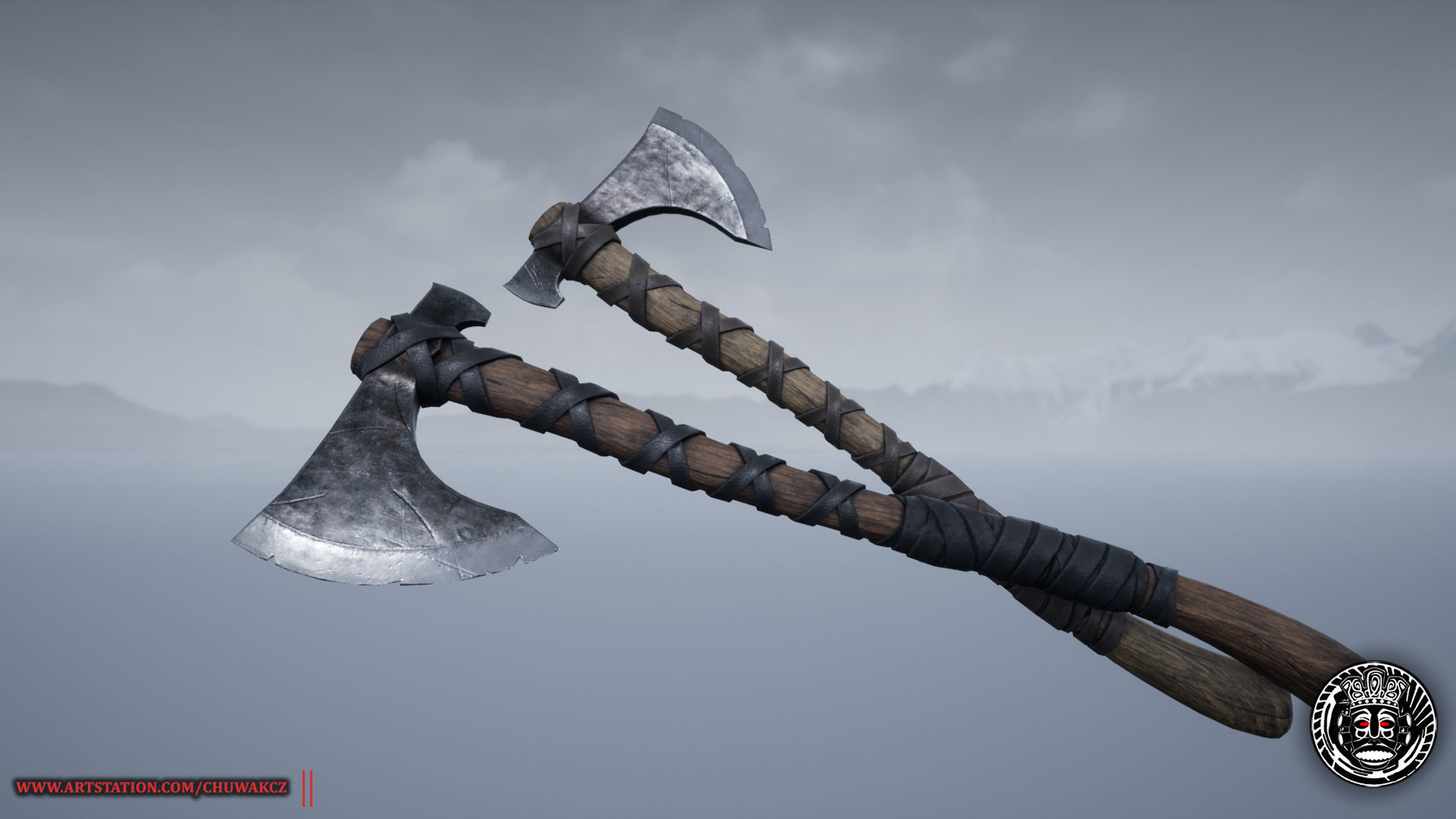Viking Medieval Curved War Axe - Game ready weapon Low-poly 3D model_5