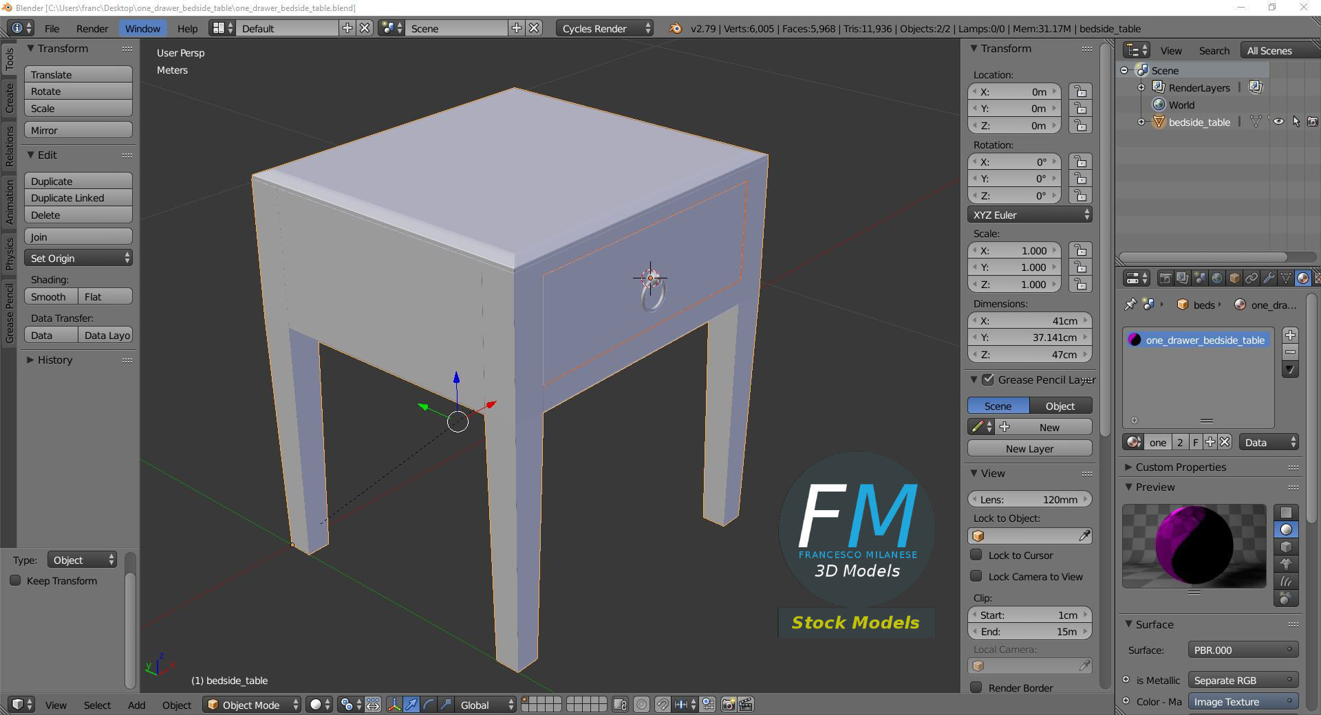 One drawer bedside table 3D model_9