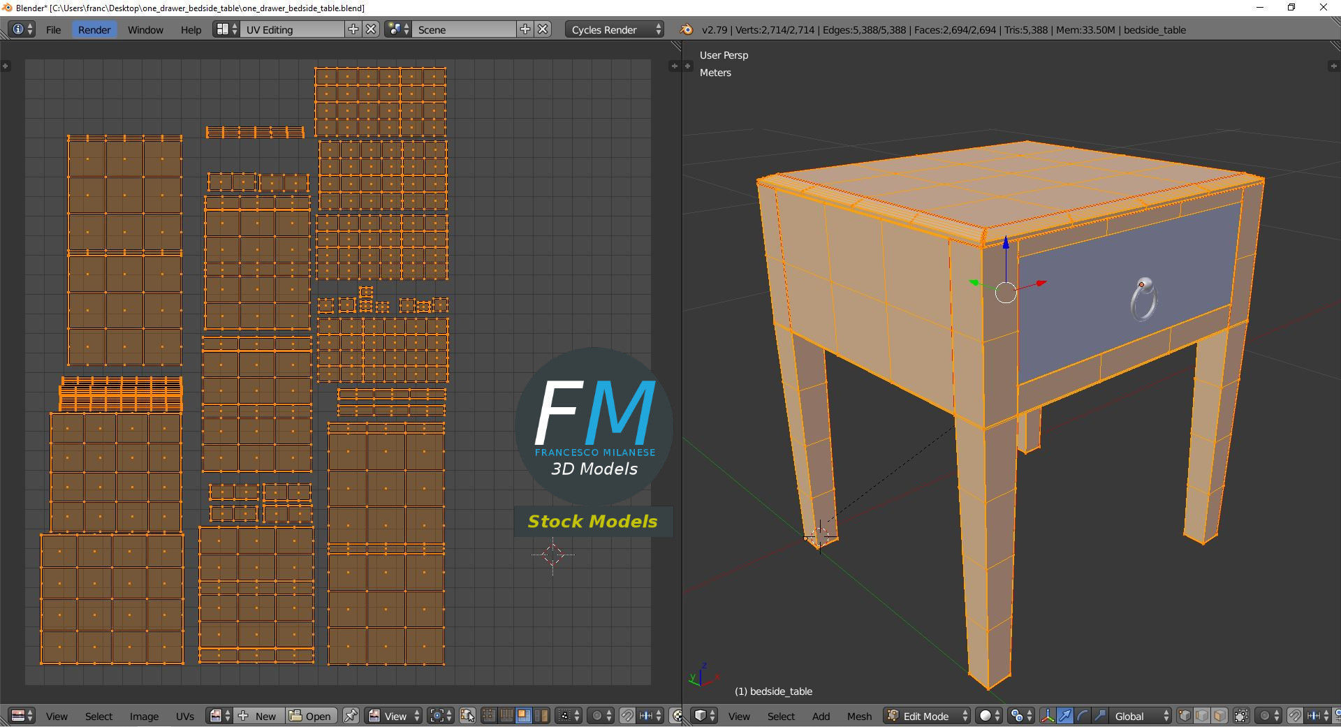 One drawer bedside table 3D model_10
