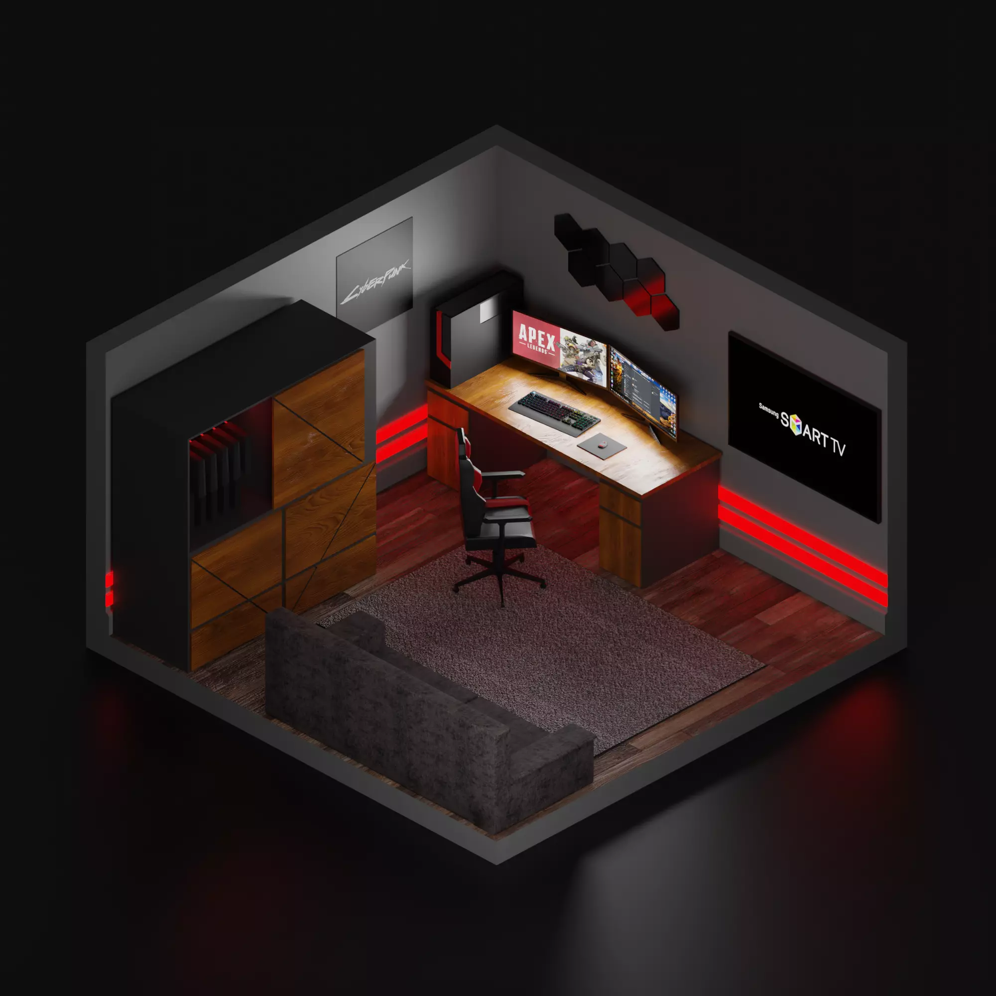 Realistic gamer room Low-poly 3D model_0