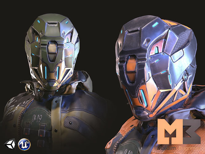 CyberSoldier futuristic mask and helmet Low-poly 3D model