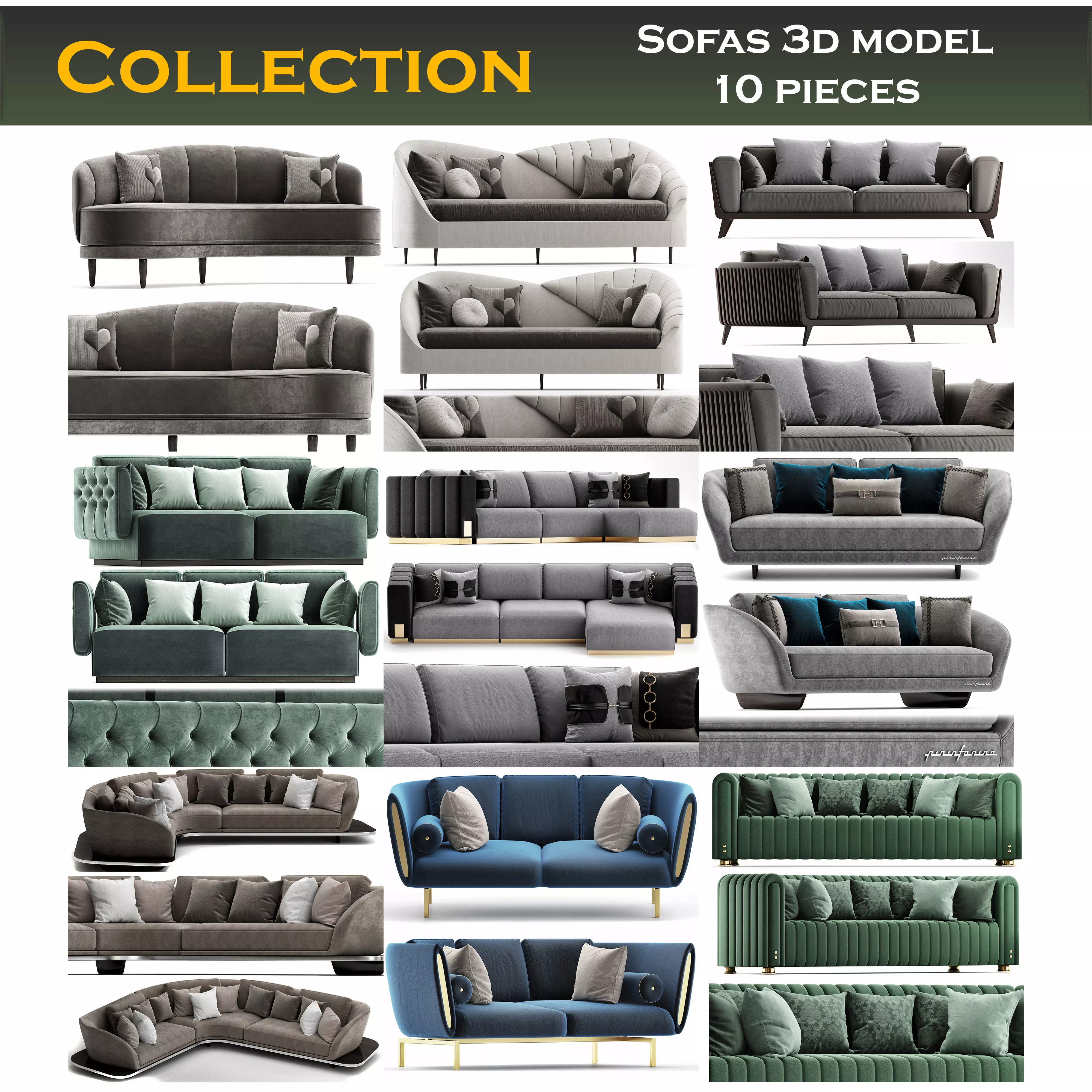 Sofas low poly 3d models collection 10 pieces Low-poly 3D model_0