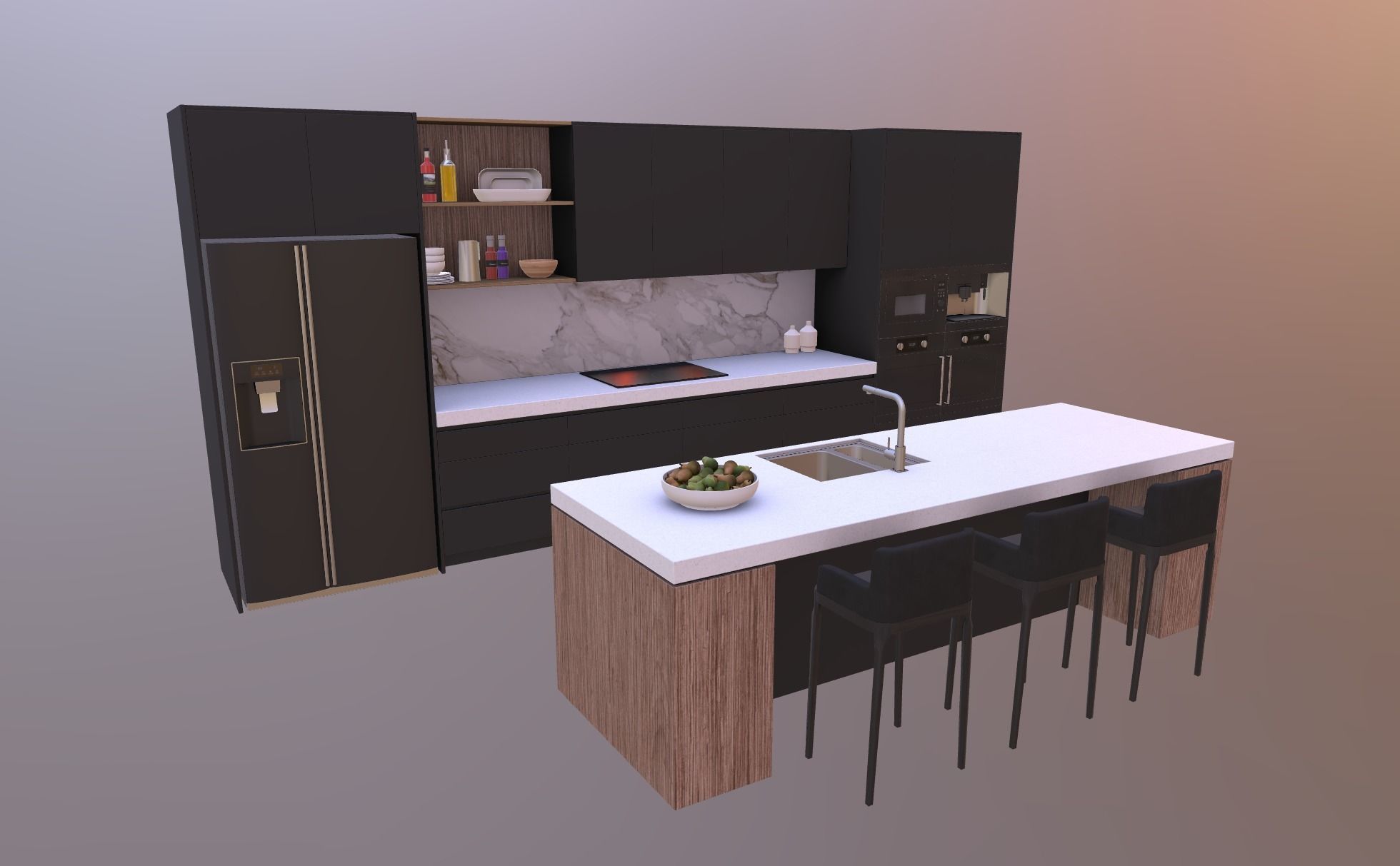 Kitchen D - High End Apartment Black Low-poly 3D model_8