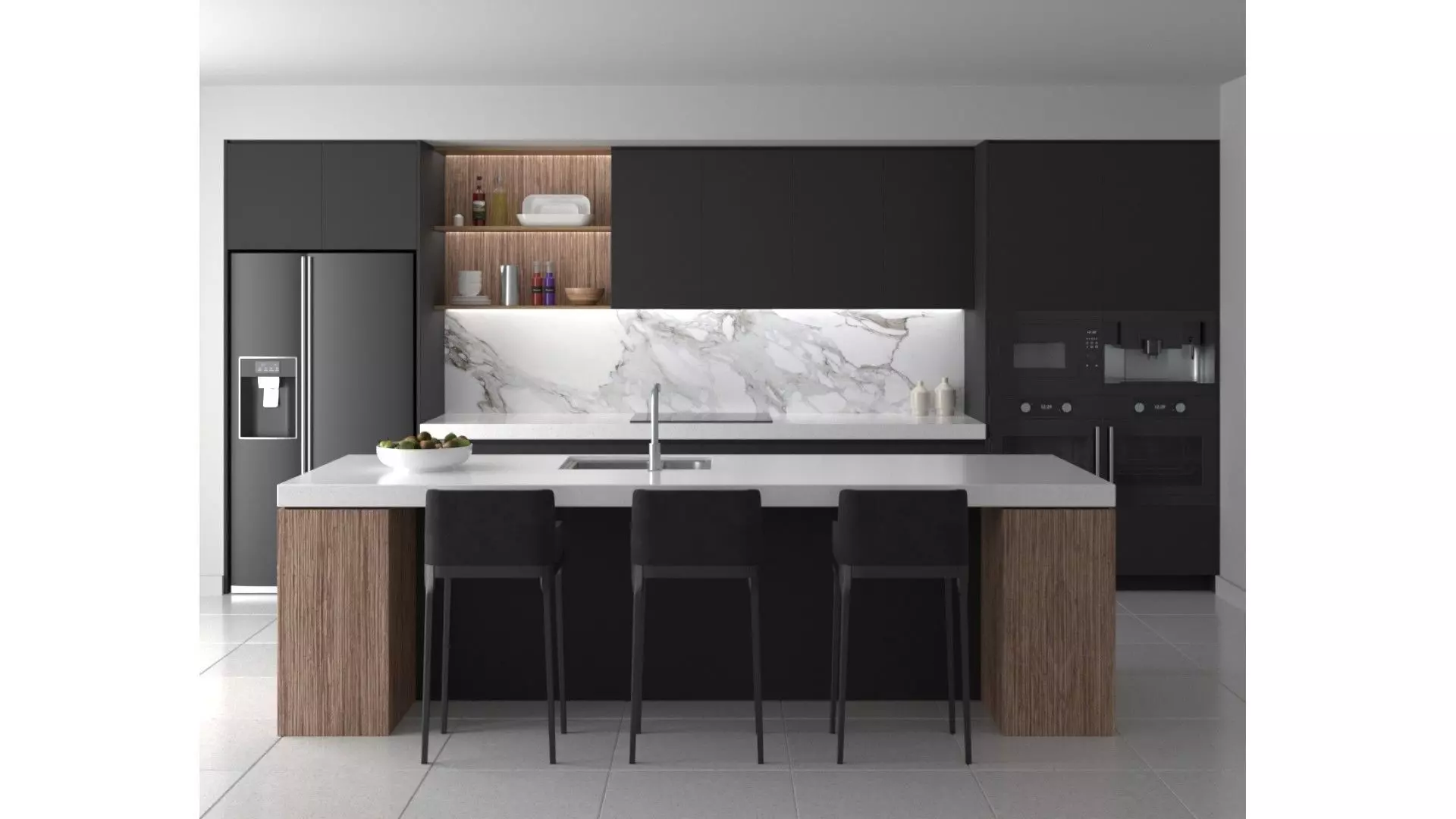 Kitchen D - High End Apartment Black Low-poly 3D model_0