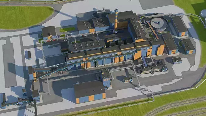 Factory site of nuclear power plant Low-poly 3D model