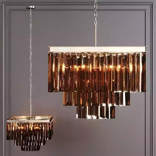 RH 1920S ODEON SMOKE GLASS FRINGE SQUARE  3-TIER Nickel