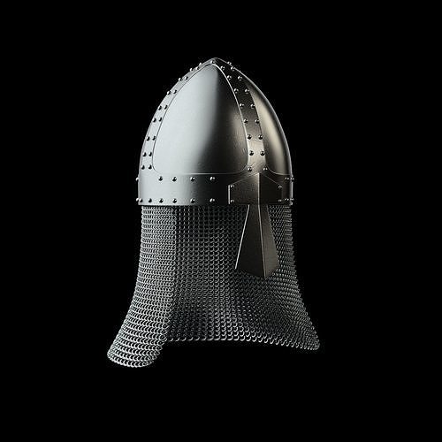 Medieval knight helmet with chain mail 3D model