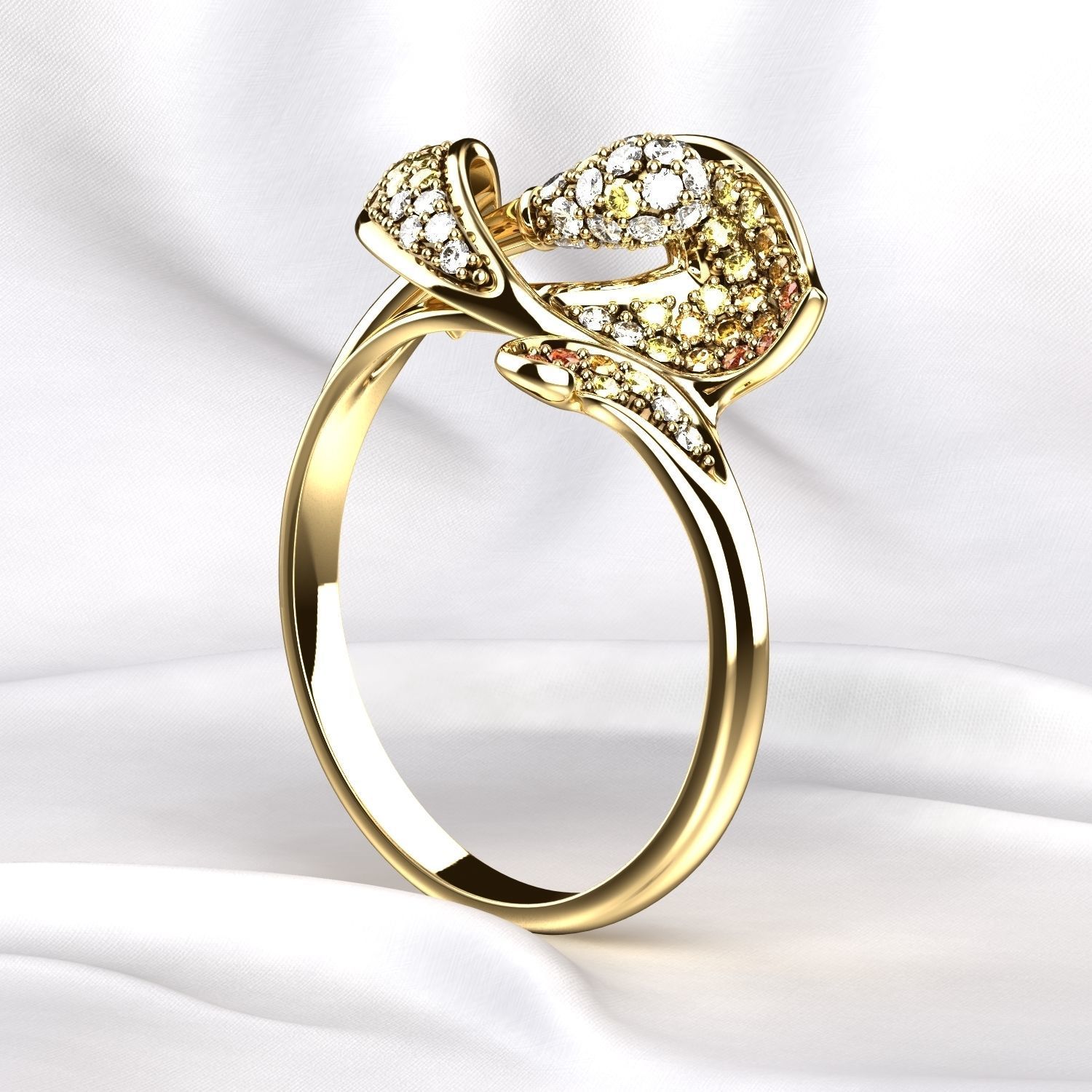 Flower Gold Ring with Colored Gemstones 3D print model_10