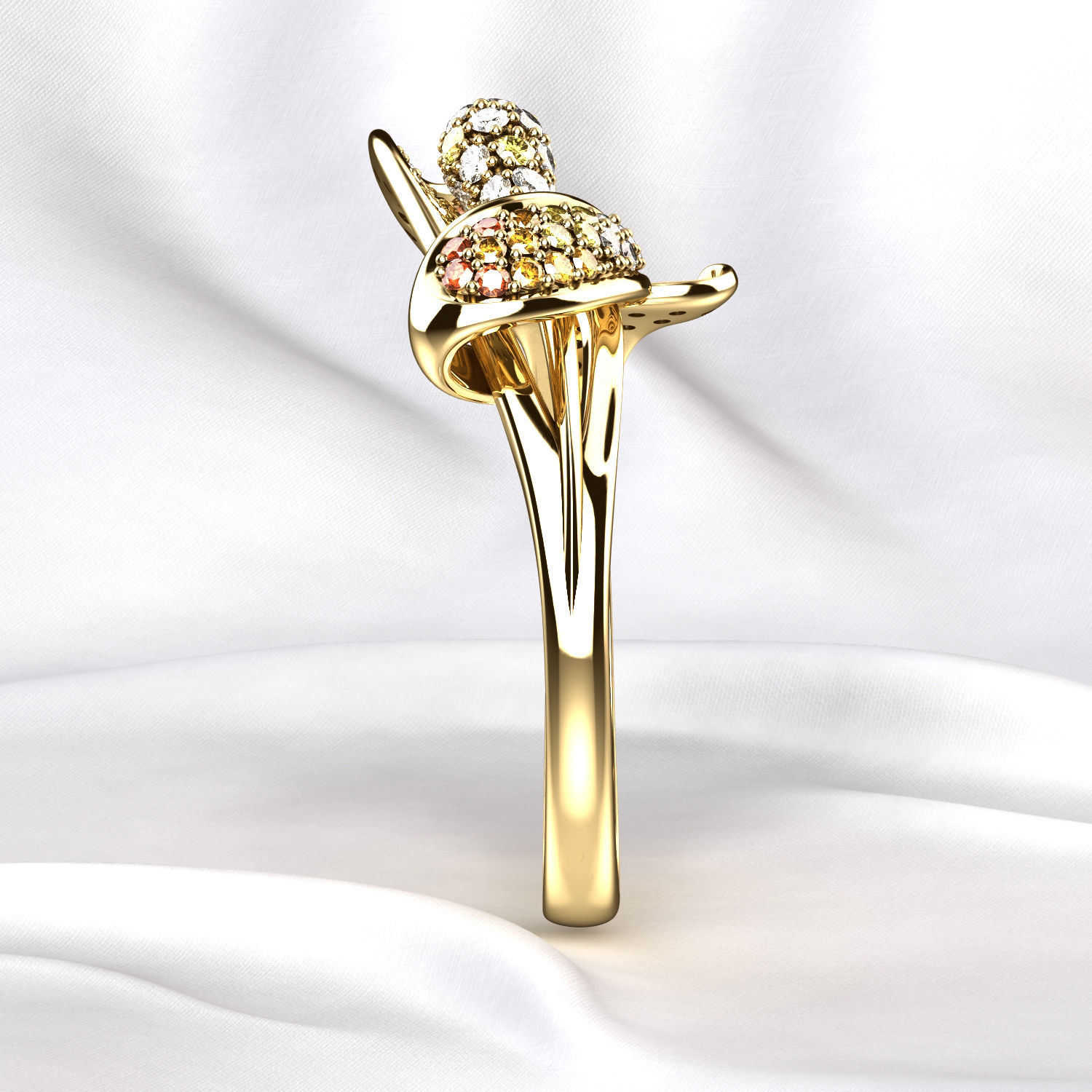 Flower Gold Ring with Colored Gemstones 3D print model_12