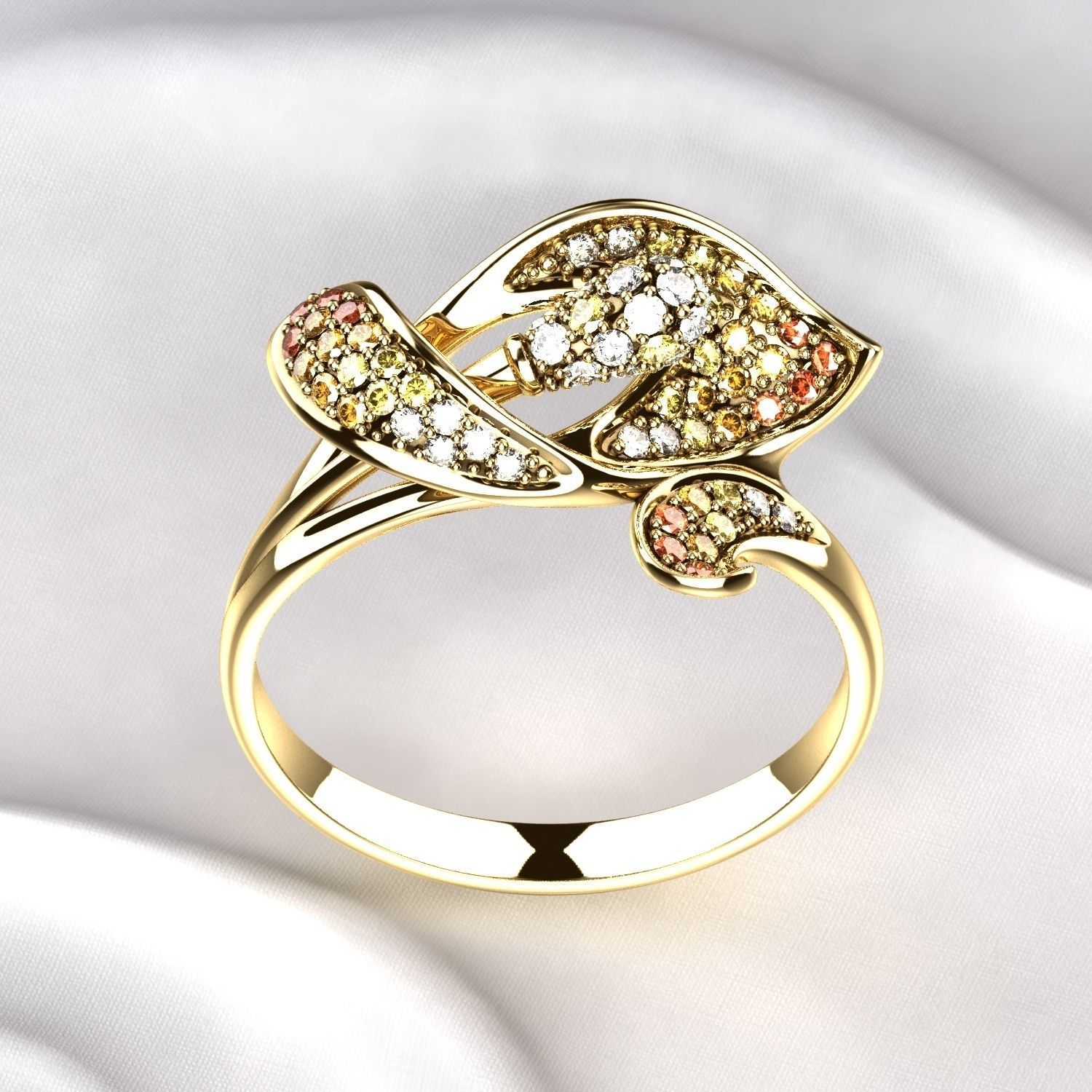 Flower Gold Ring with Colored Gemstones 3D print model_7