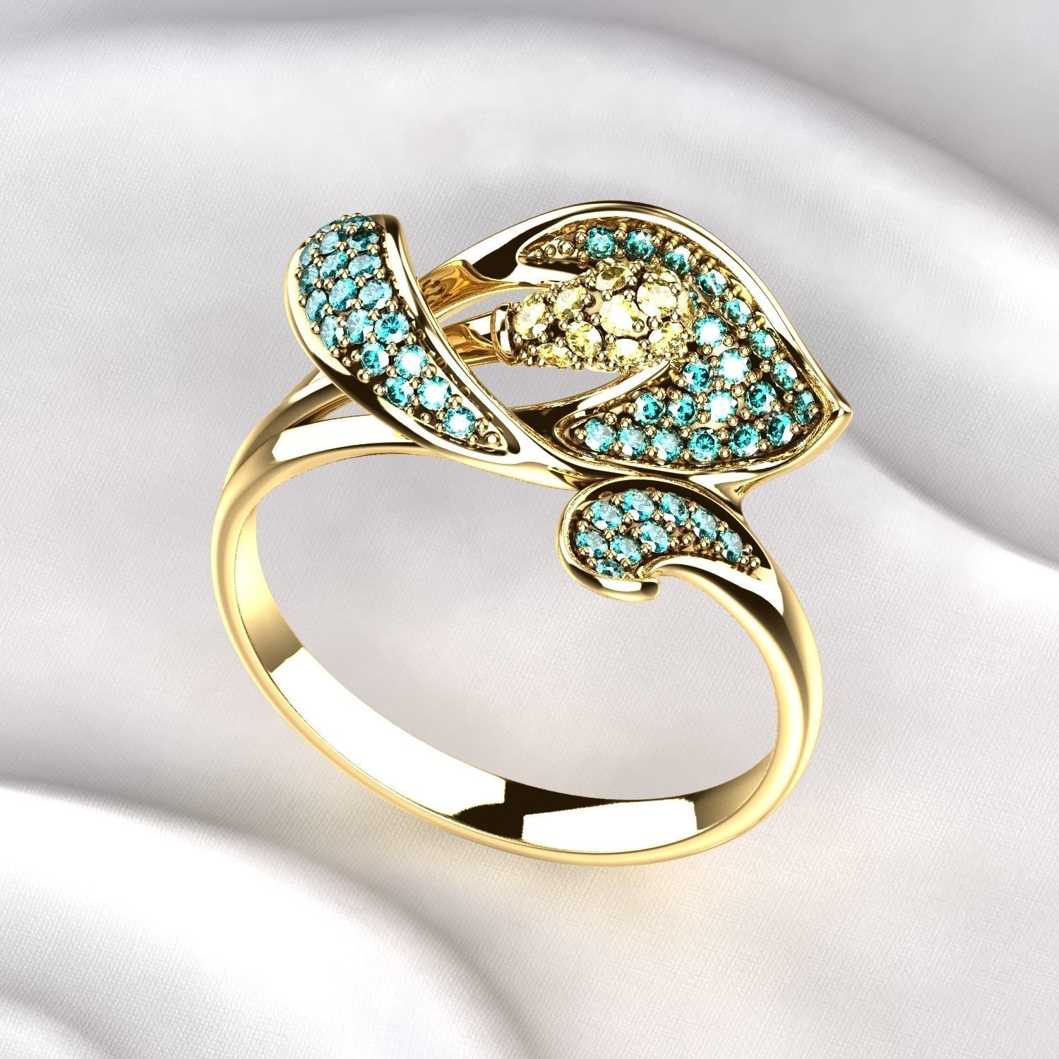 Flower Gold Ring with Colored Gemstones 3D print model_2