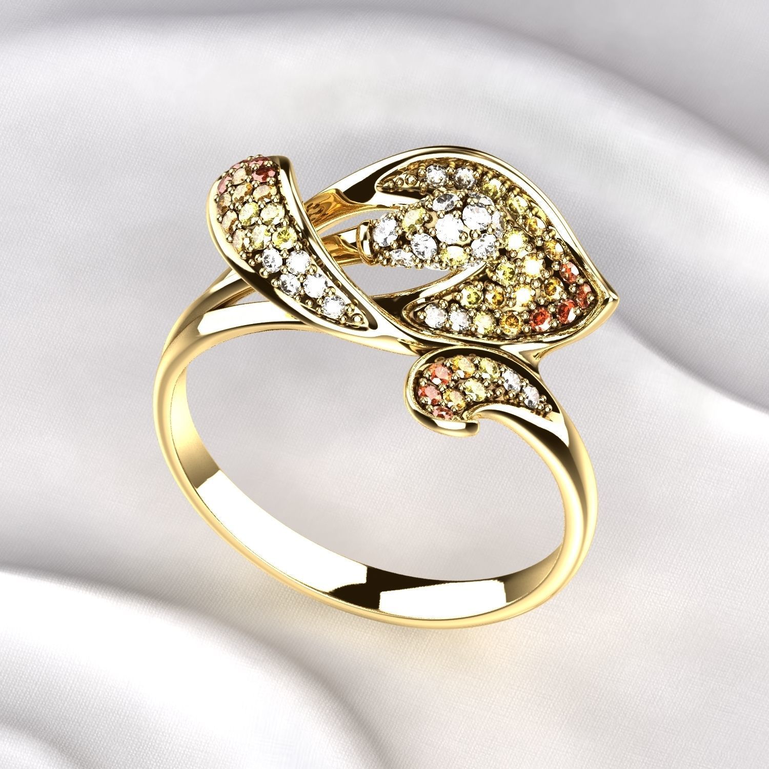 Flower Gold Ring with Colored Gemstones 3D print model_1