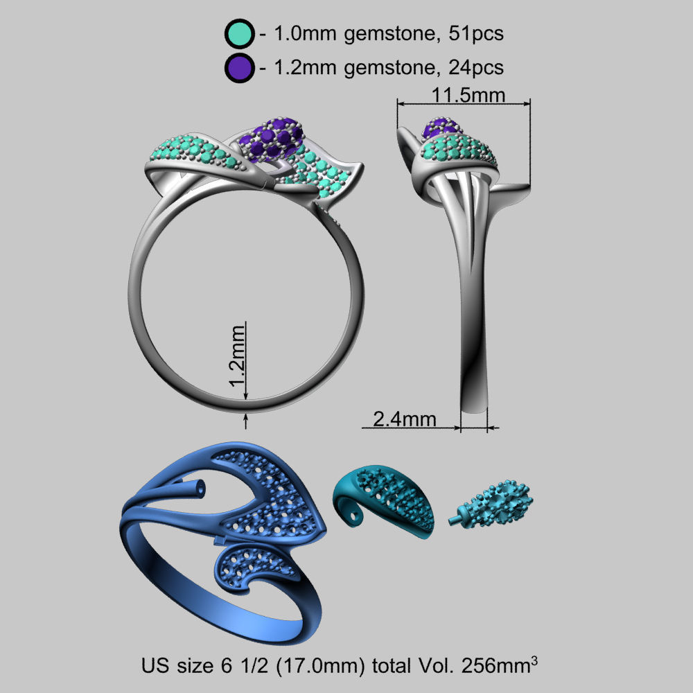 Flower Gold Ring with Colored Gemstones 3D print model_13