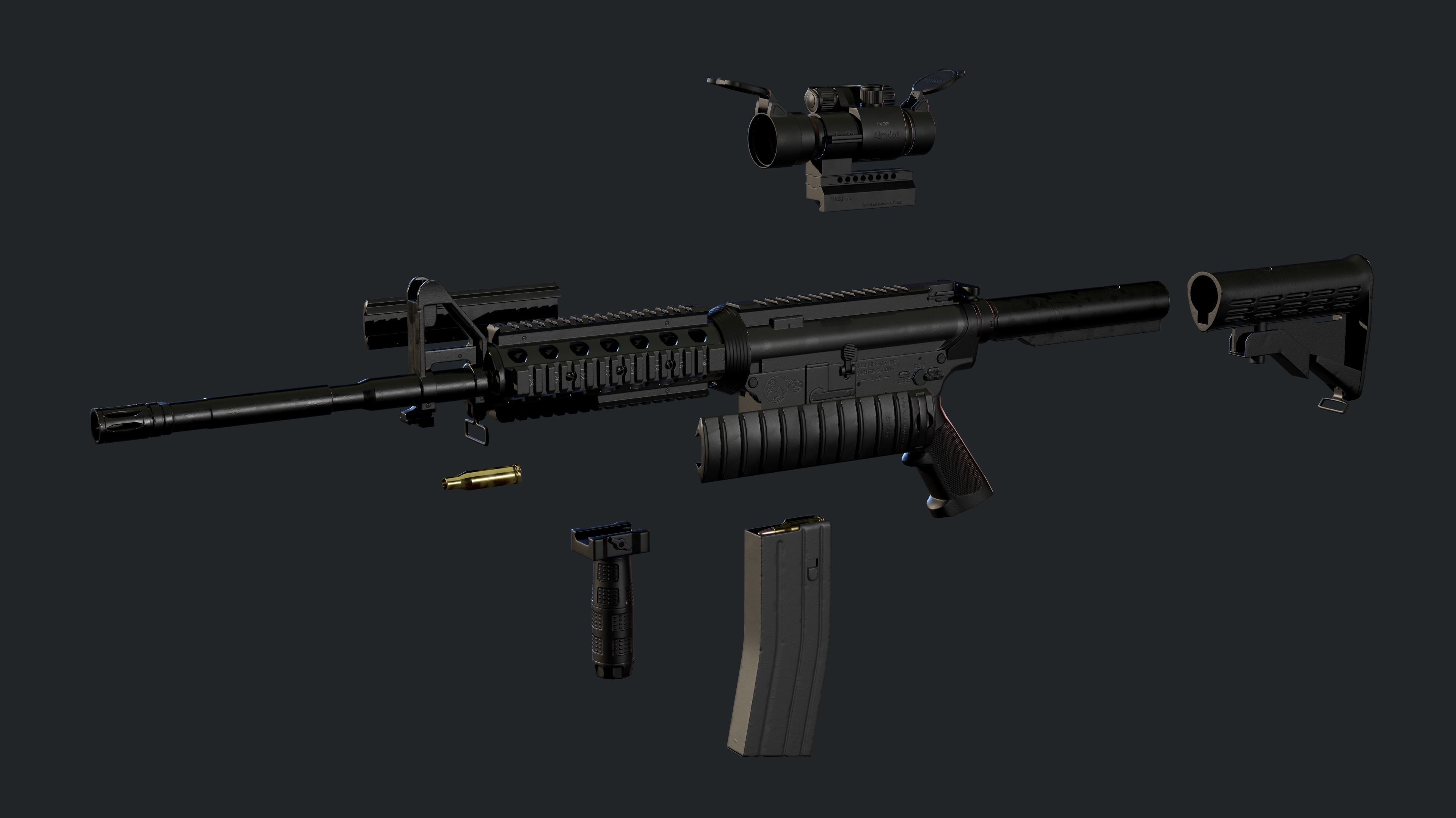 M4A1 Carbine with attachments and red dot Low-poly 3D model_8