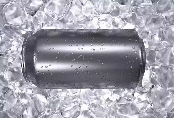 Beverage Can with Ice Cubes and Water Droplets