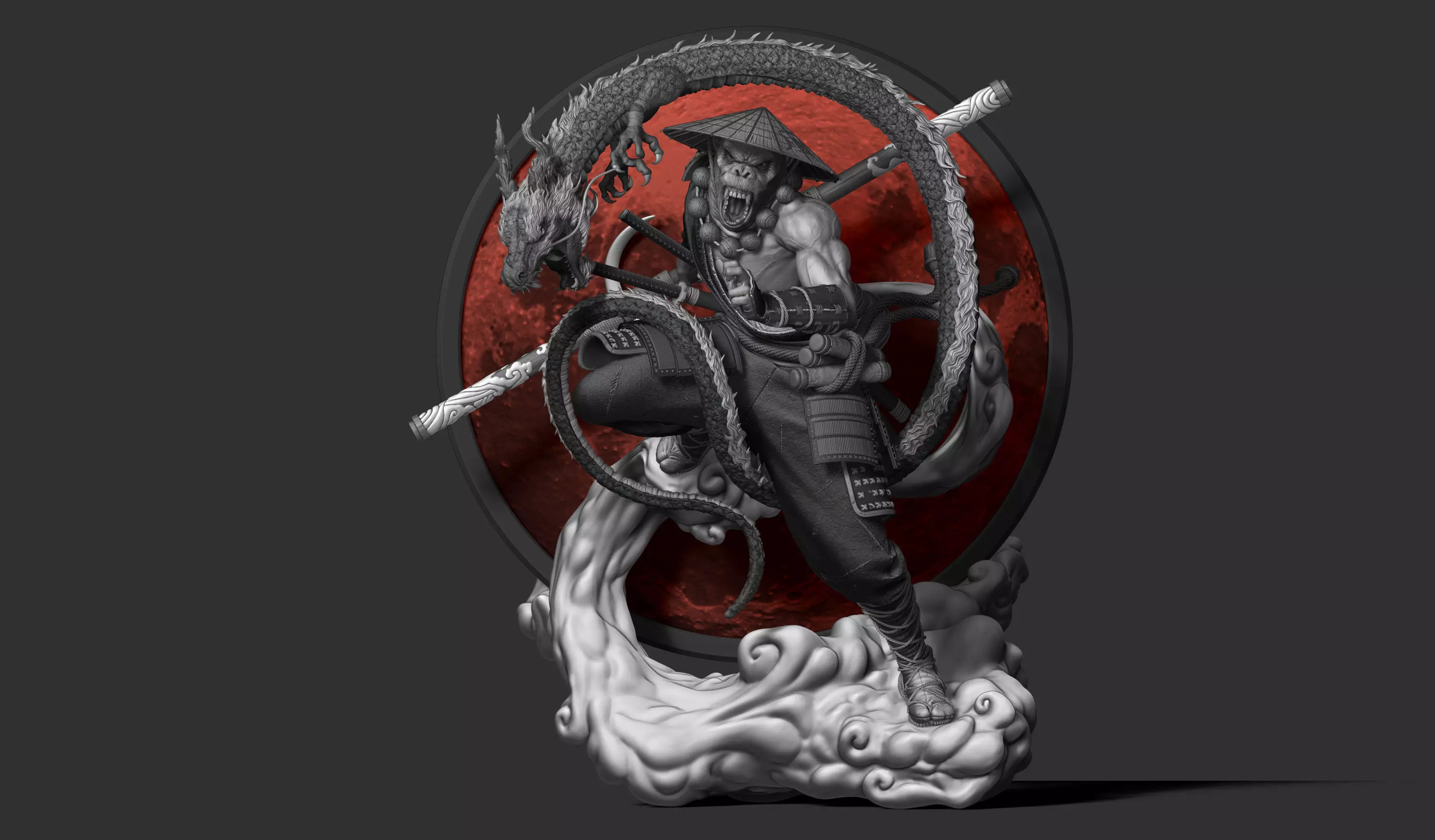 Wukong statue of ninja holding sword 3D print model_0