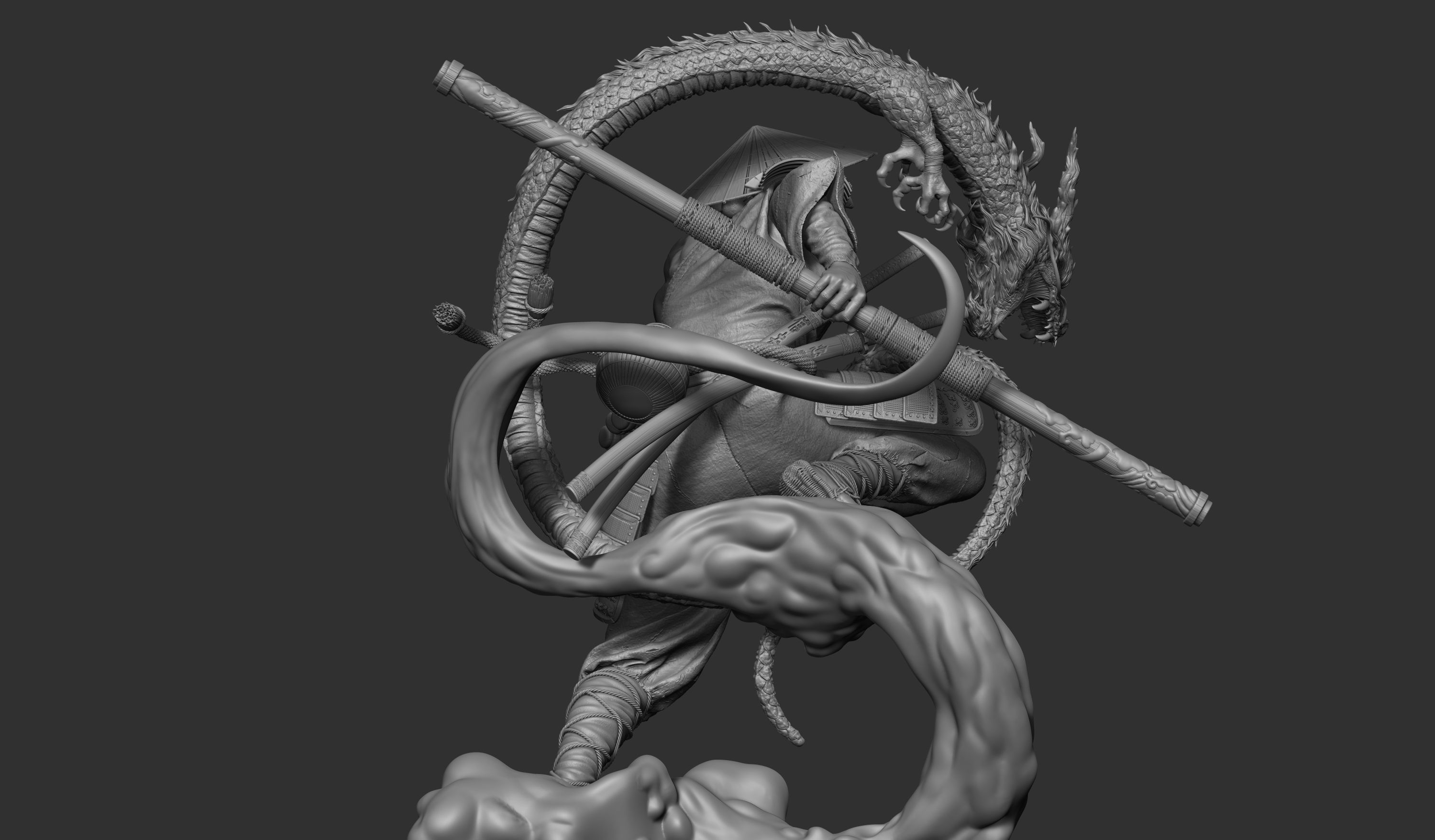 Wukong statue of ninja holding sword 3D print model_9