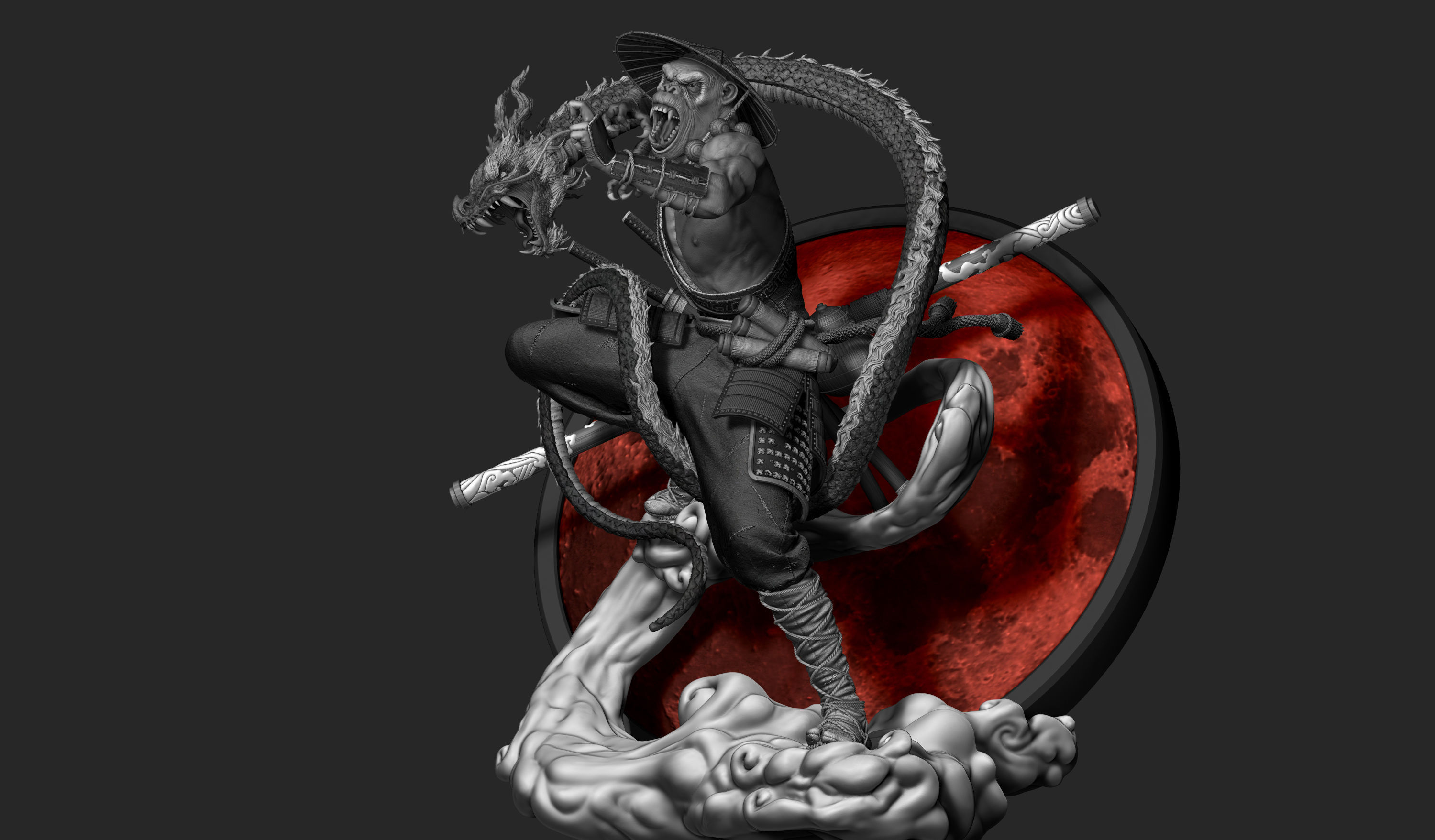 Wukong statue of ninja holding sword 3D print model_2