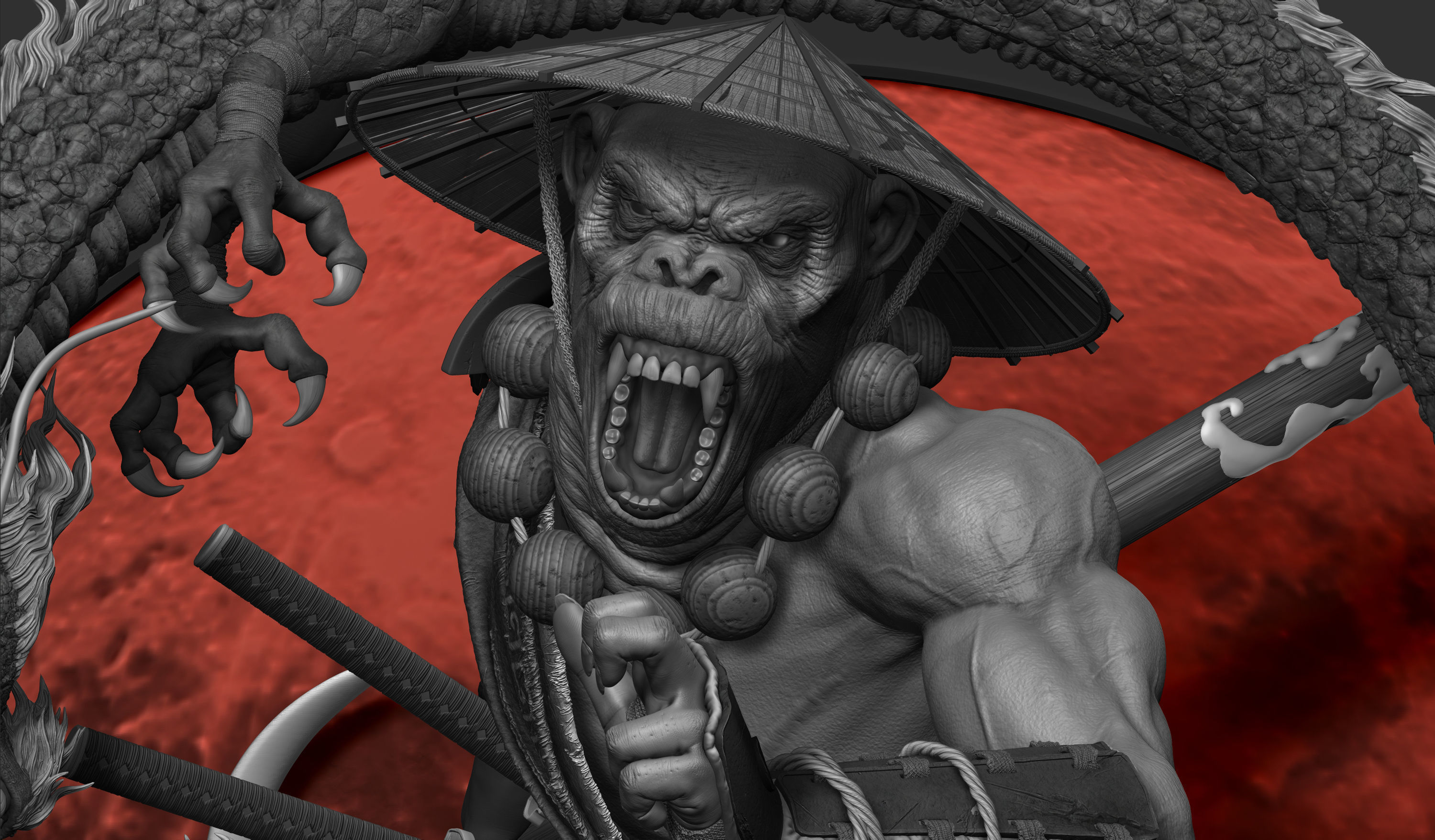 Wukong statue of ninja holding sword 3D print model_3