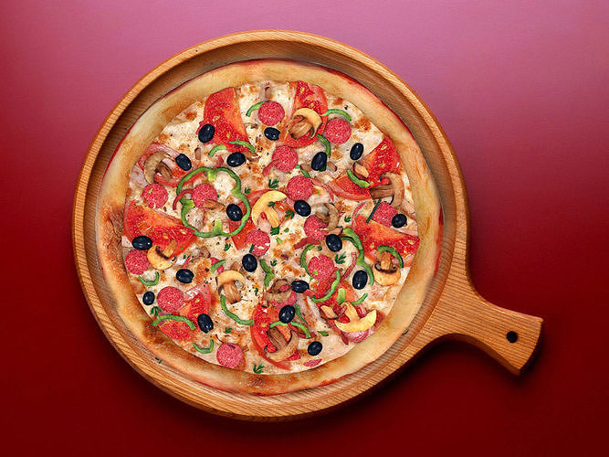 Pizza on wooden board 3D model 3
