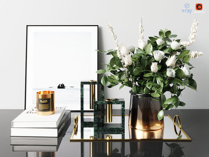 West Elm decor set brass gold white rose bouquet green marble 3D model
