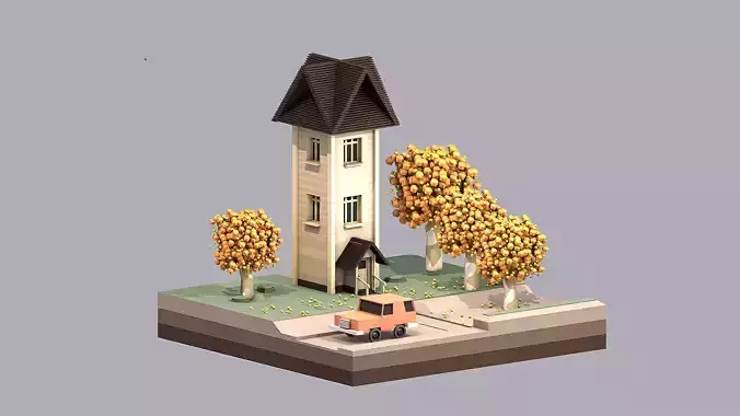 Low Poly - Antumn house with trees and car