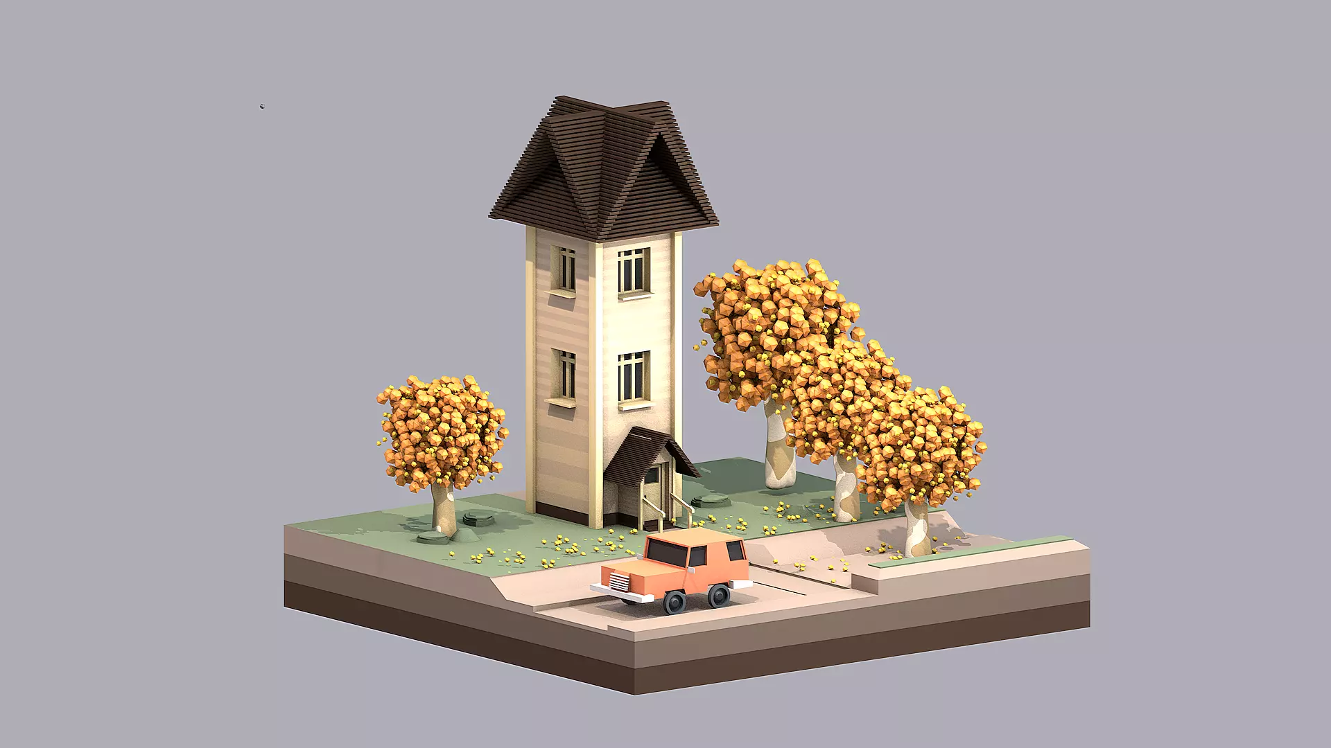 Low Poly - Antumn house with trees and car Low-poly 3D model